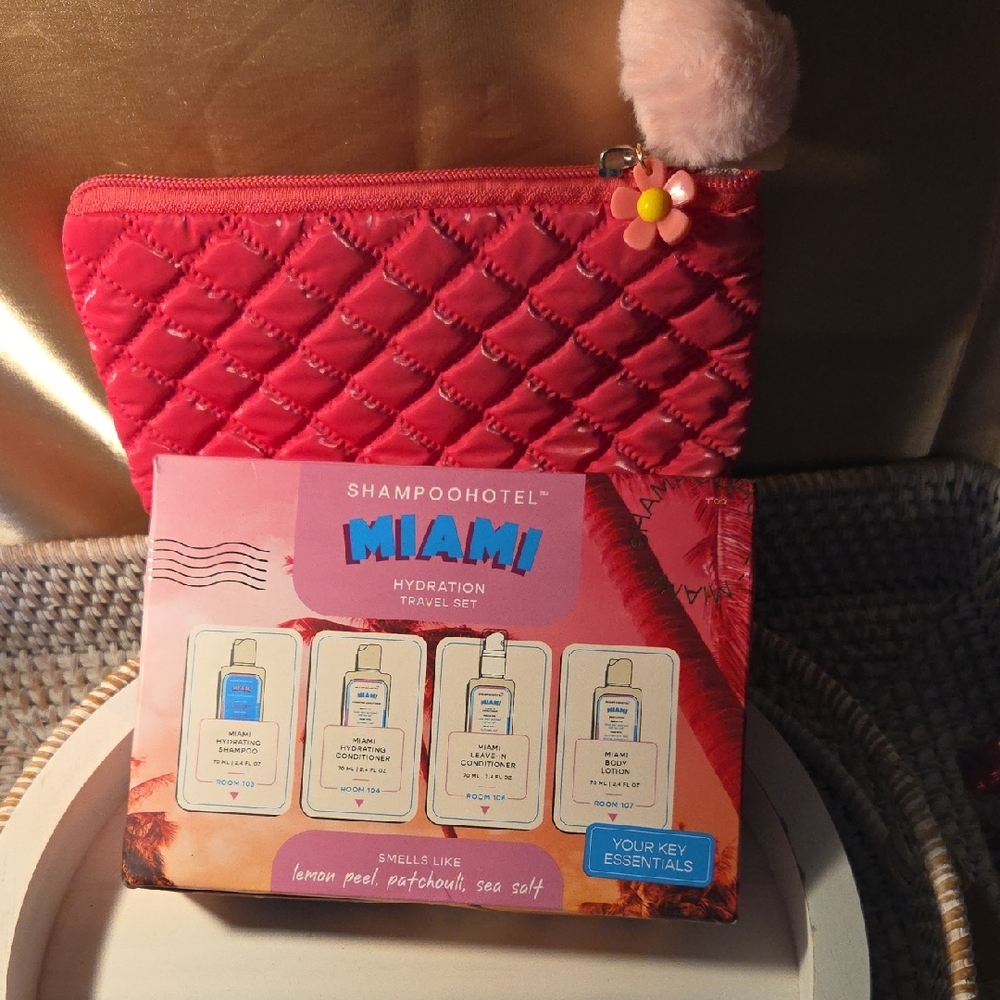 Pink Quilted Pouch with Miami Hydration Travel Set